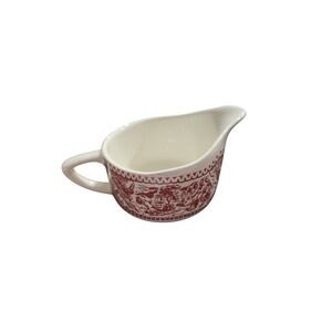 Vintage Red Transferware Ceramic Creamer Pitcher Pastoral Scene Farmhouse Style